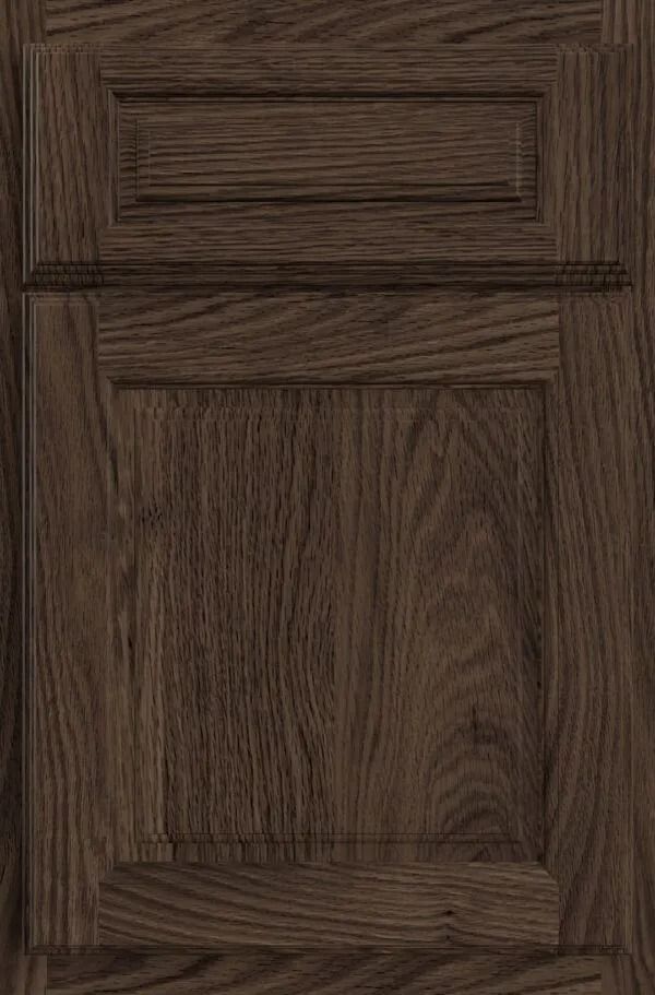 Dark brown wood cabinet door with recessed panel.