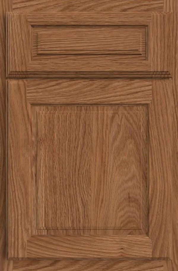 Wooden cabinet door with raised panel and top rectangular detail.