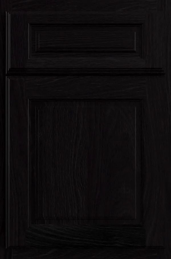Black, paneled cabinet door with wood grain texture.