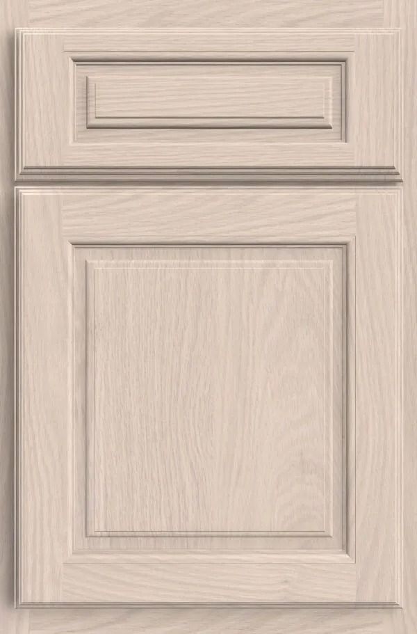 Beige raised-panel cabinet door with recessed upper panel and wood grain texture.