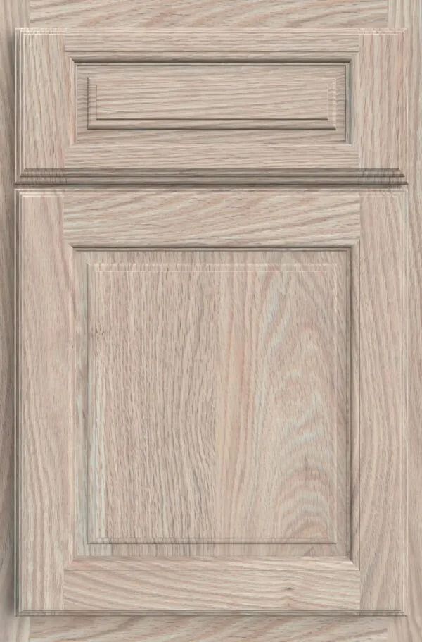 Light oak kitchen cabinet door with raised panel and top detail.