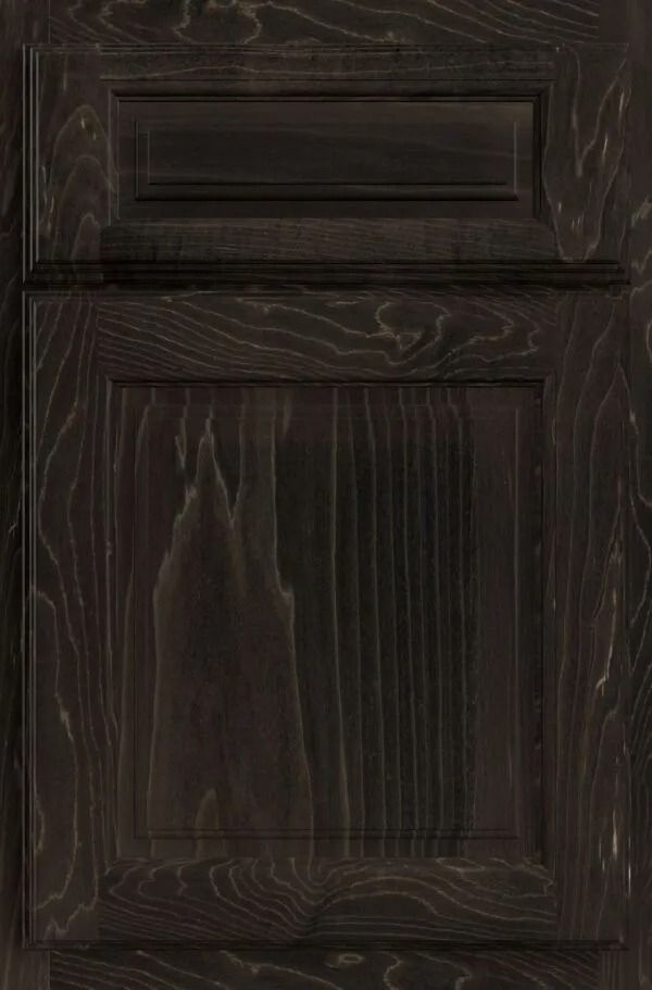 Dark brown wood cabinet door with raised panel and wood grain detail.
