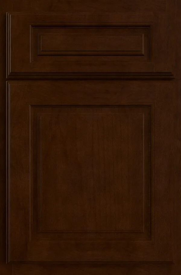Dark brown kitchen cabinet door with raised paneling.