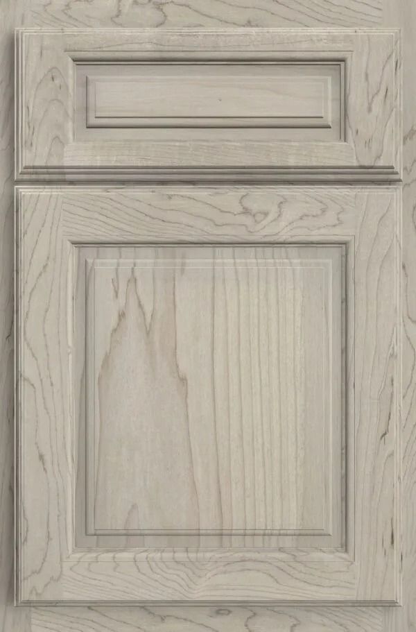 Light gray wooden cabinet door with raised panel design.