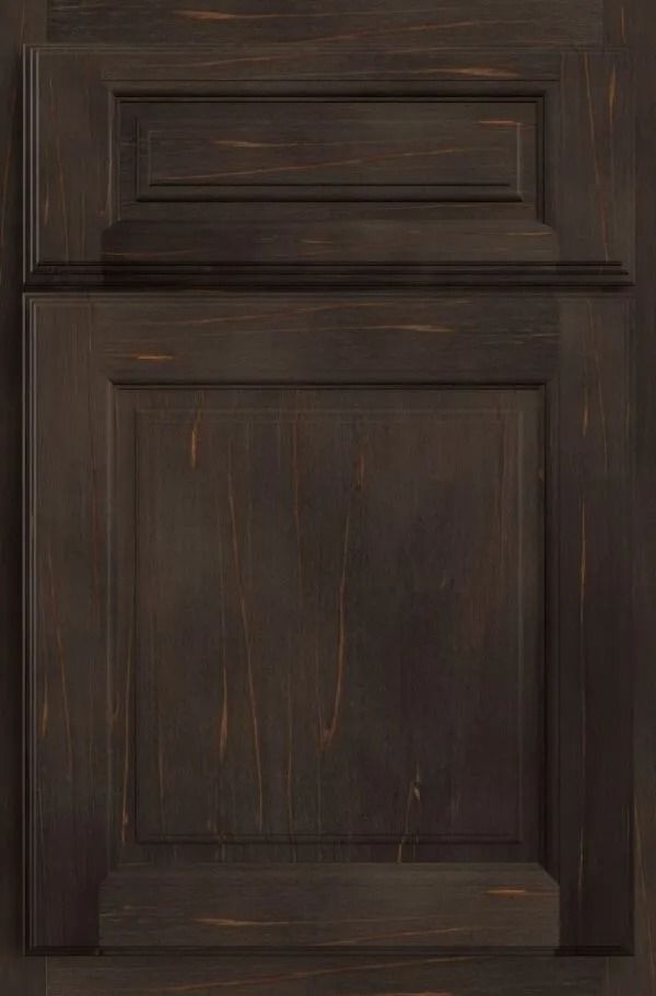 Dark stained wooden cabinet door. Square panel with raised, rectangular accent at top.