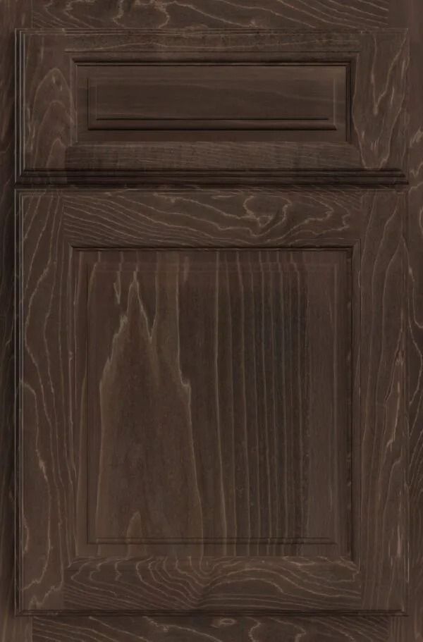 Dark brown stained wooden cabinet door with raised panel details.