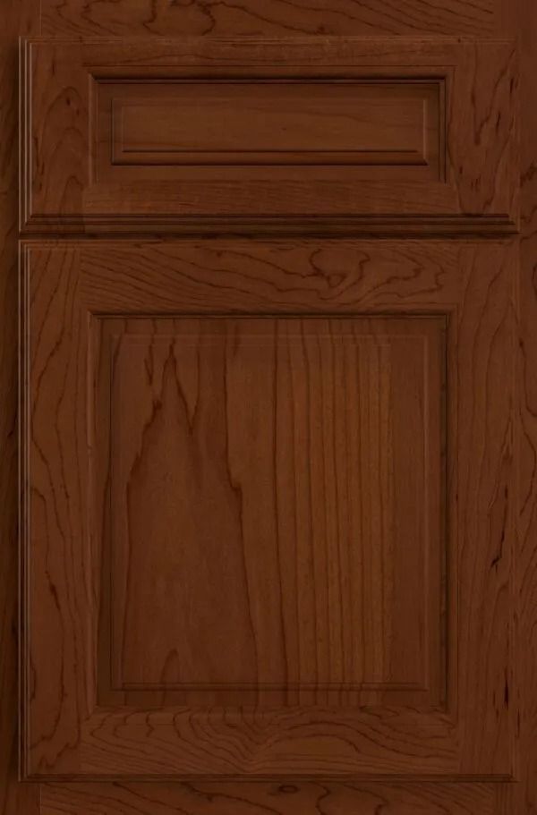 Brown wooden cabinet door with recessed panel.