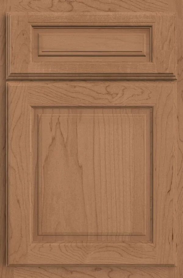 Light brown cabinet door with raised panel and rectangular top detail.