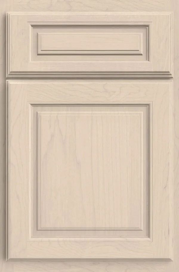 Beige cabinet door with raised panel and top rectangular detail.