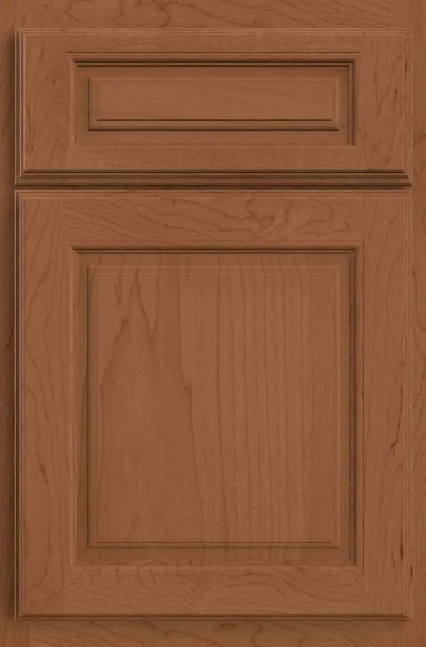 Wood cabinet door with a raised panel, stained medium brown.