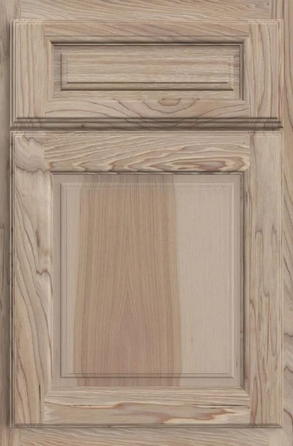 Wooden cabinet door with raised panel and light brown finish.