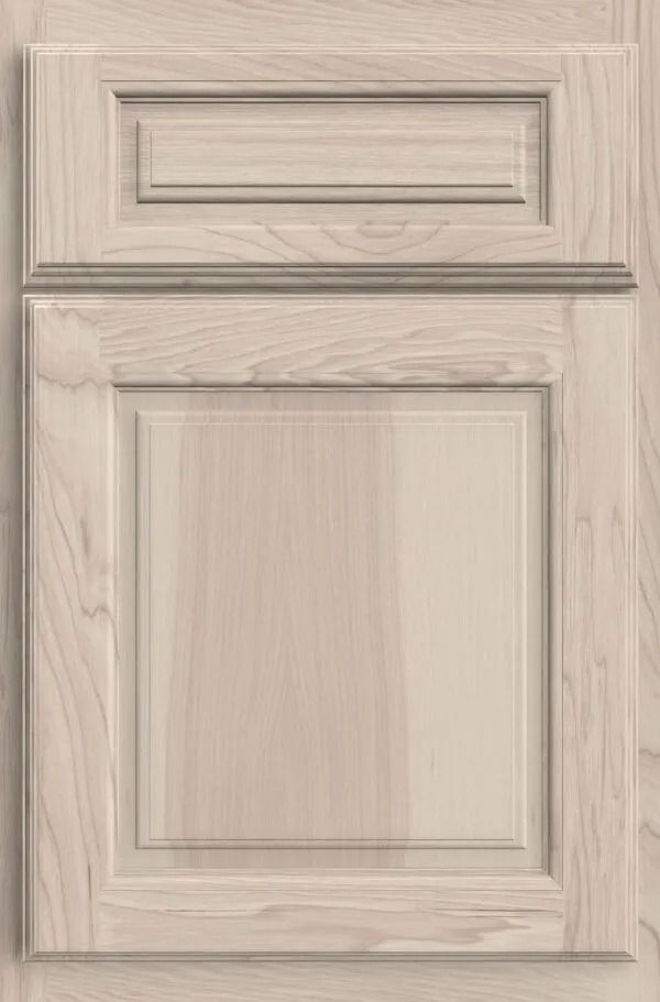 Light-colored wooden cabinet door with raised panel and rectangular details.