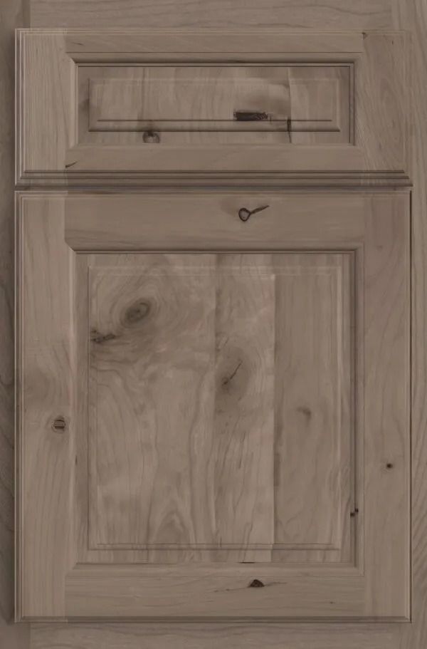 Wooden cabinet door with raised panel and top rail, light brown finish, visible wood grain.