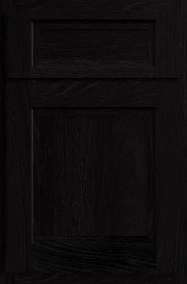 Black wooden cabinet door with a raised panel and top panel detail.
