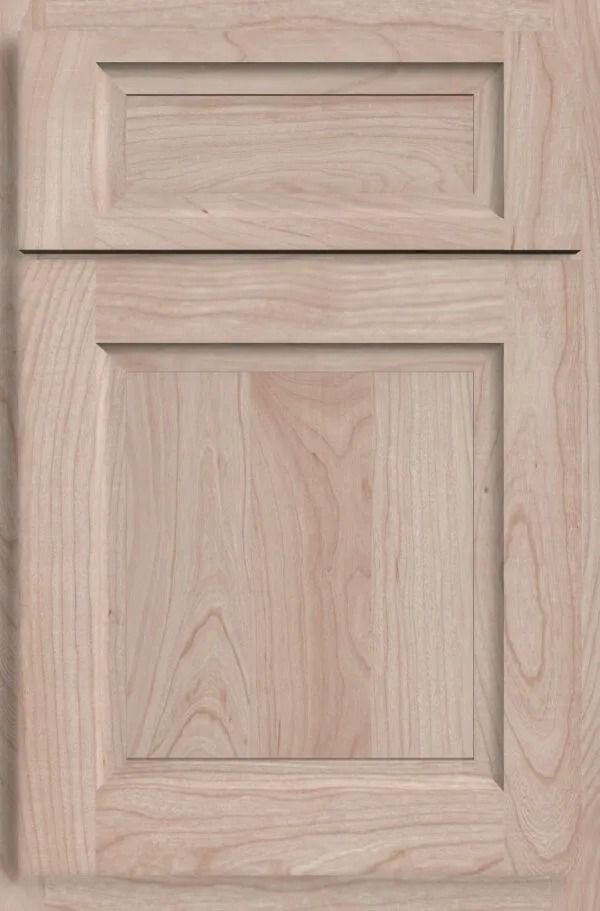 Light-colored wood cabinet door with raised panel design, featuring a top rectangular panel and a larger lower panel.