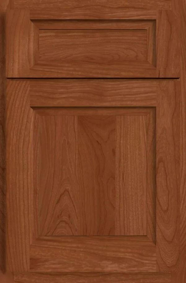 Brown wooden cabinet door with recessed panel.