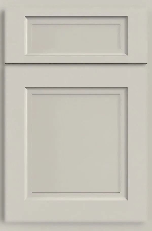 Cabinet door with a light gray finish, featuring a recessed panel and inset top.