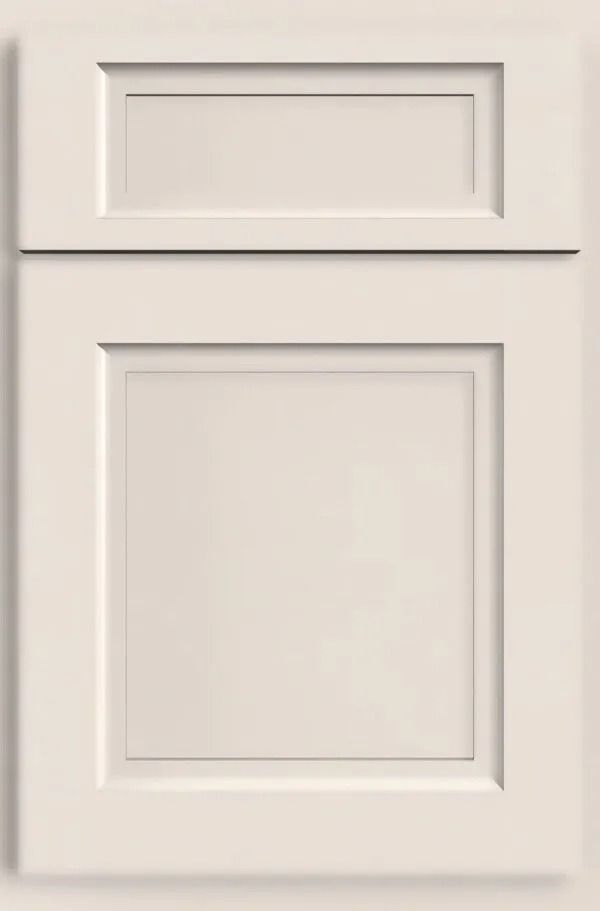 Cream-colored cabinet door with a rectangular inset panel, and a smaller rectangular inset panel above.