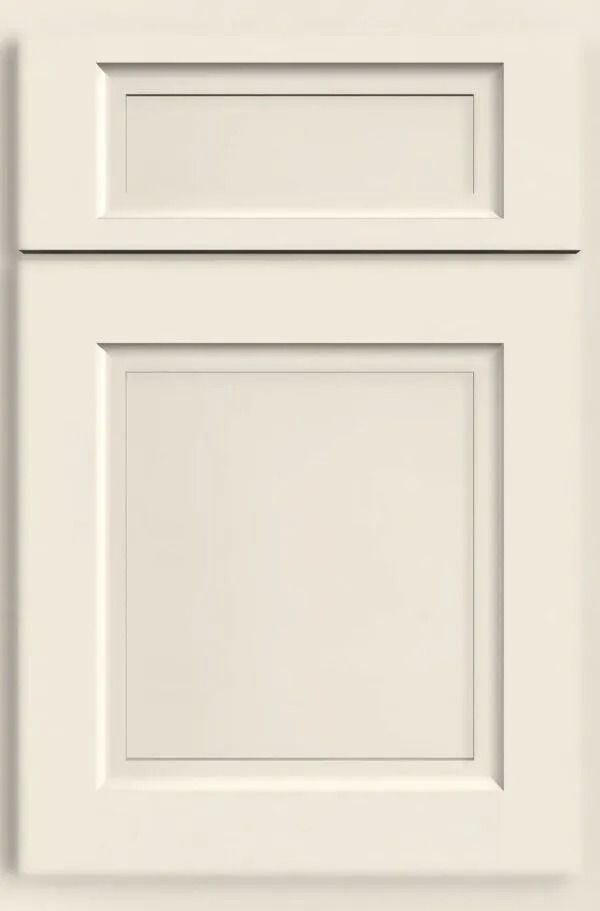 Cream-colored kitchen cabinet door with a raised panel design, featuring a rectangular top panel and a larger square bottom panel.