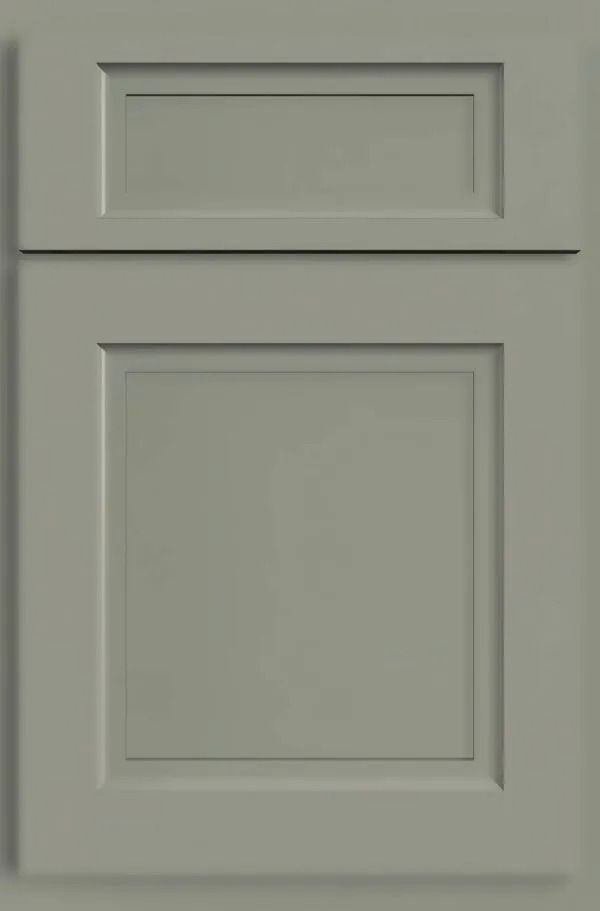 Gray kitchen cabinet door with rectangular recessed panels.