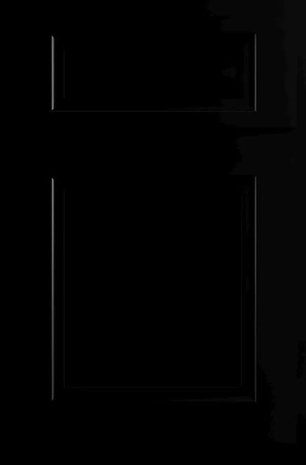 Black door with rectangular paneling.