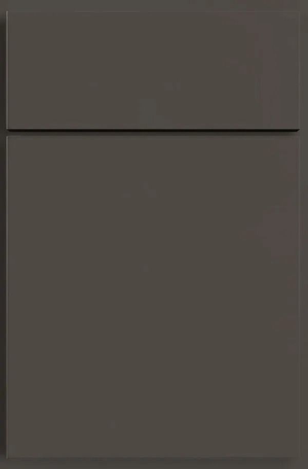 Dark gray cabinet door with a horizontal groove near the top.