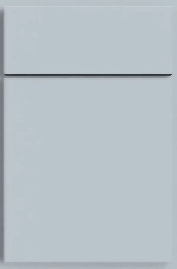 Light blue cabinet door with a horizontal groove near the top.