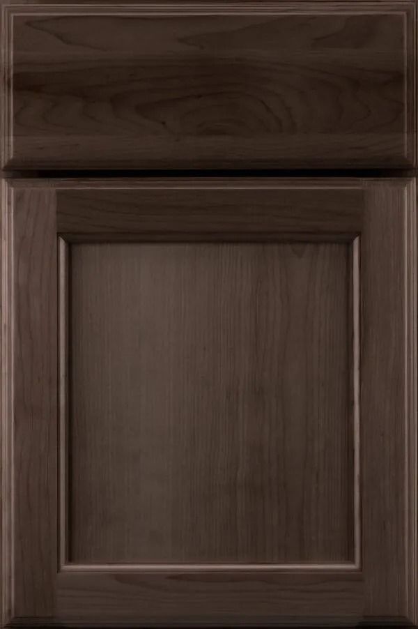 Dark brown, raised panel cabinet door with wood grain.