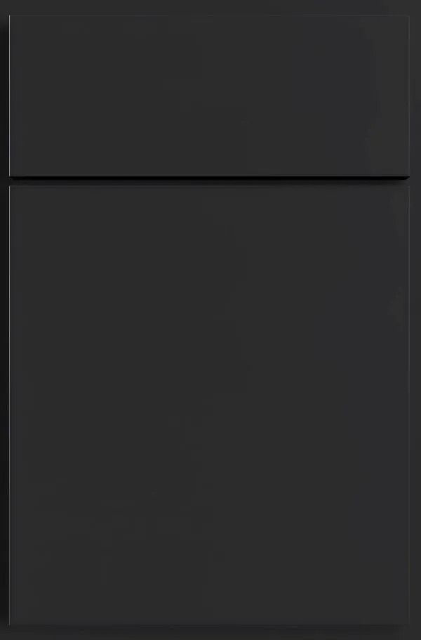 Dark gray kitchen cabinet door with a recessed panel.