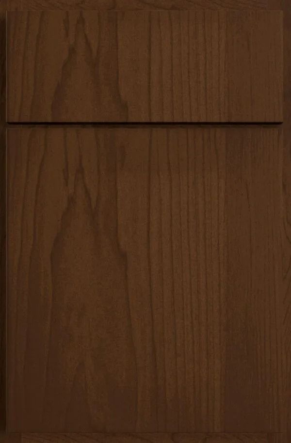 Dark brown wood cabinet door with horizontal groove.
