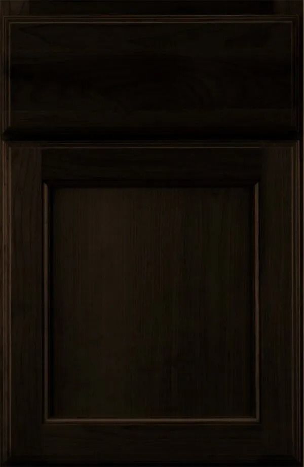 Dark brown kitchen cabinet door with a raised panel design.