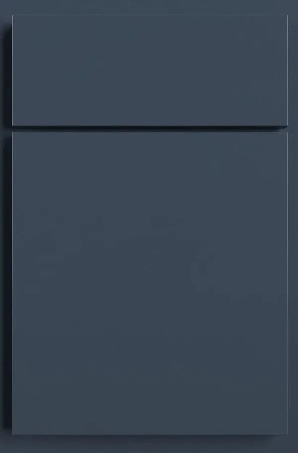 Blue shaker-style cabinet door with a rectangular top panel.