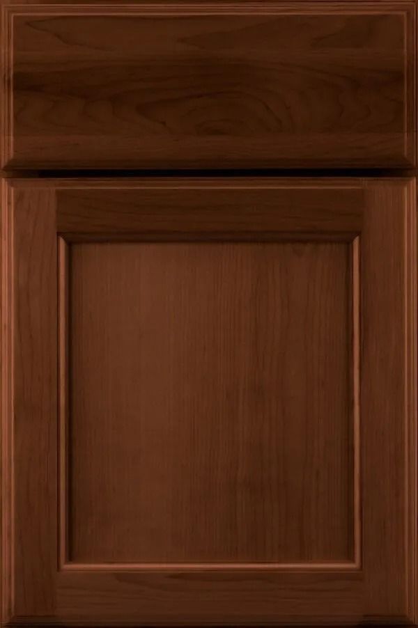 Brown wooden cabinet door with recessed panel.