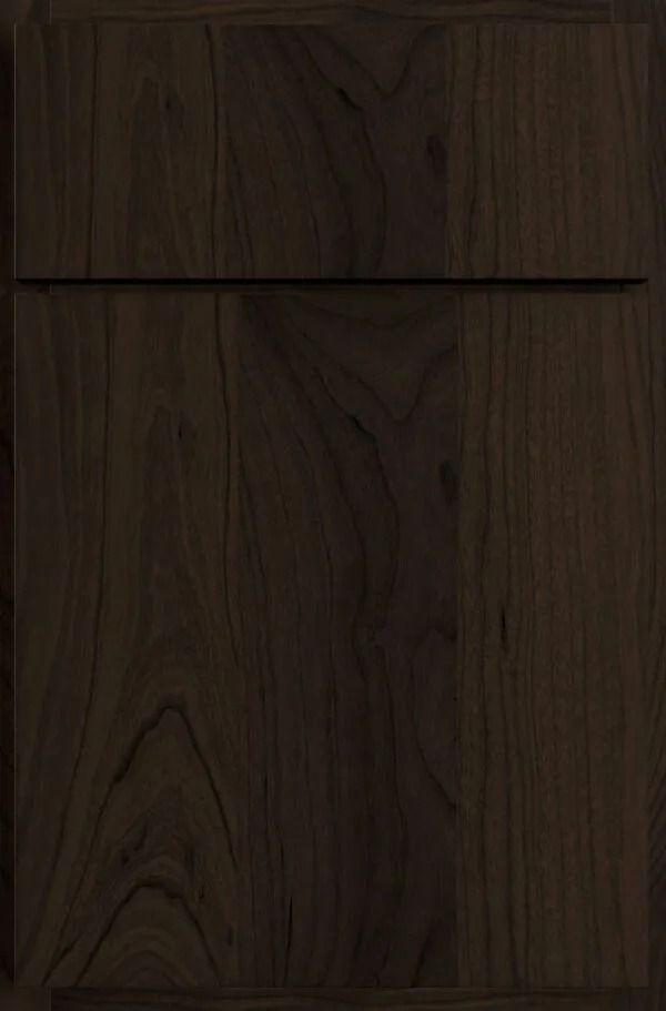 Dark brown wooden cabinet door with visible grain and a horizontal groove.