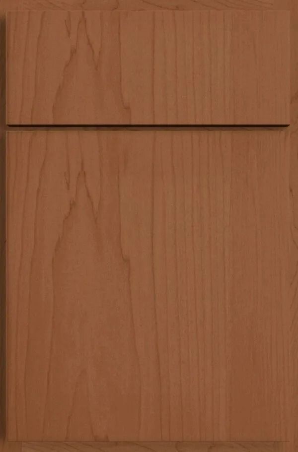 Wooden cabinet door, flat panel design, light brown with horizontal groove.