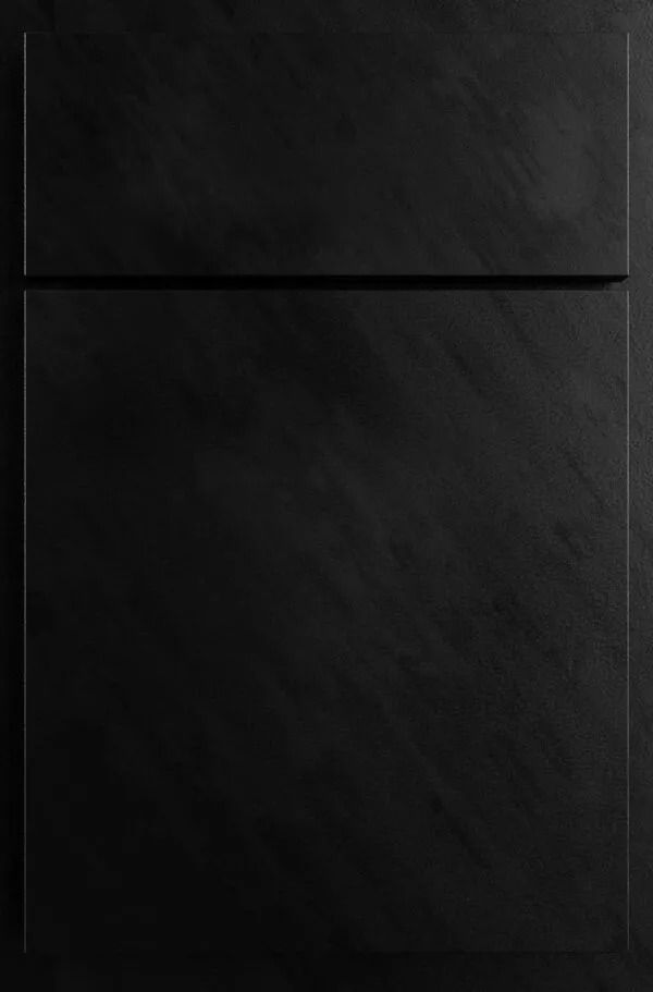 Black cabinet door with horizontal trim, textured surface.