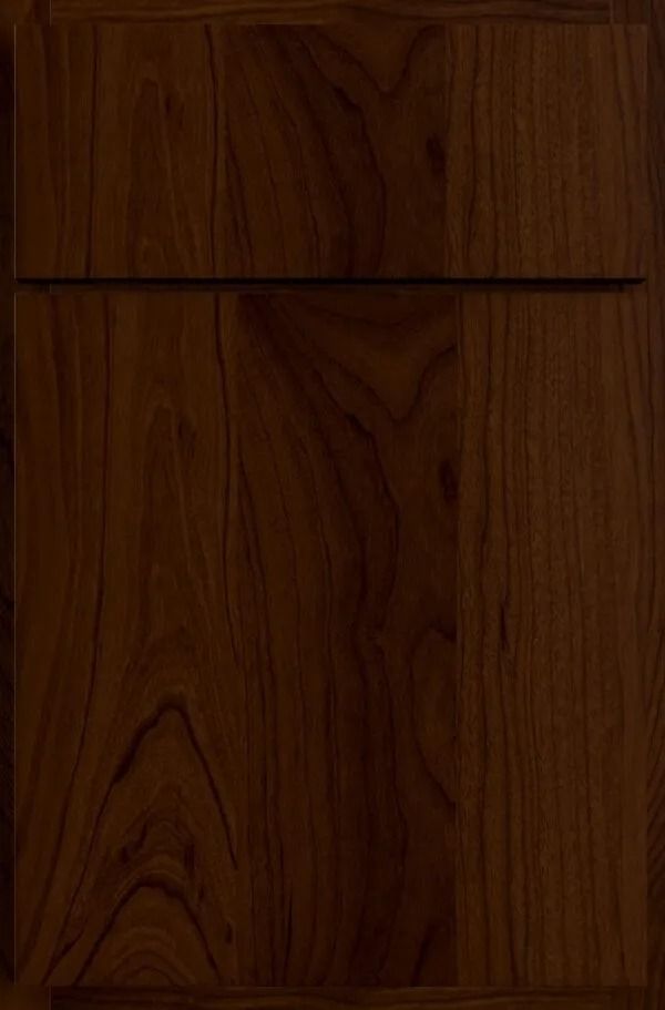Dark brown wooden cabinet door with visible wood grain and horizontal recessed panel.