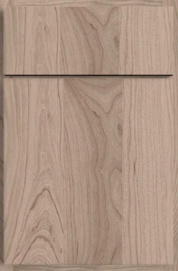Wooden cabinet door with a horizontal, dark-colored handle, featuring wood grain pattern.