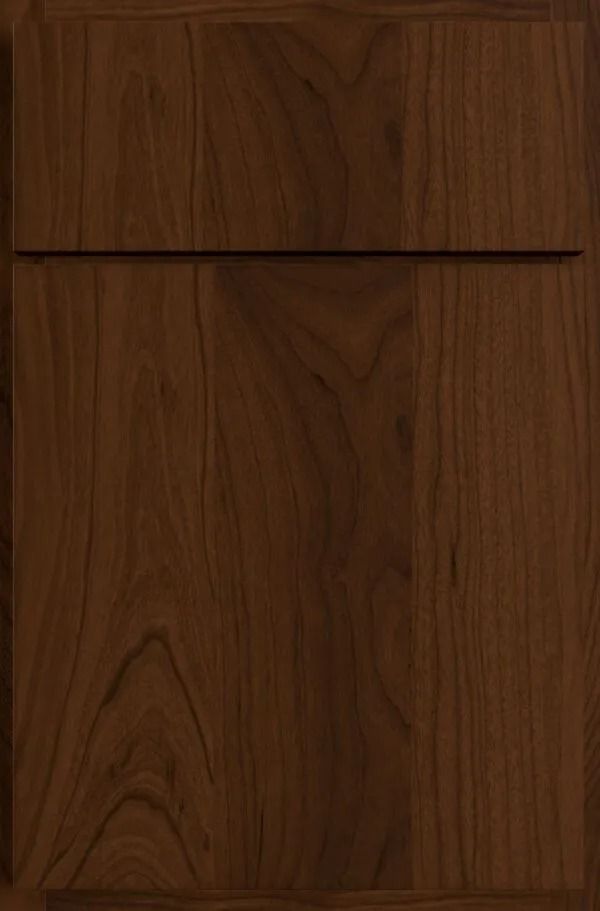 Dark brown wood cabinet door with a horizontal recessed handle.