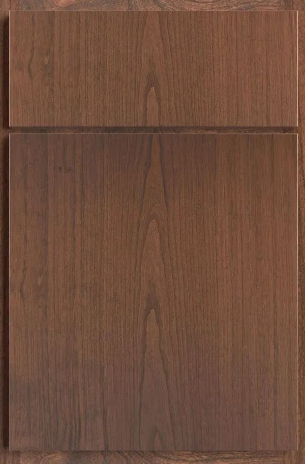 Wood cabinet door with vertical grain, dark brown stain, two panels.