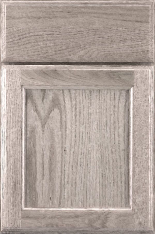 Gray wooden cabinet door with a raised panel and visible wood grain.