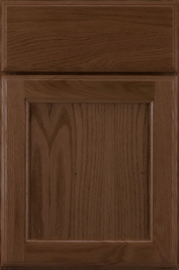 Brown, rectangular cabinet door with raised panel and wood grain texture.