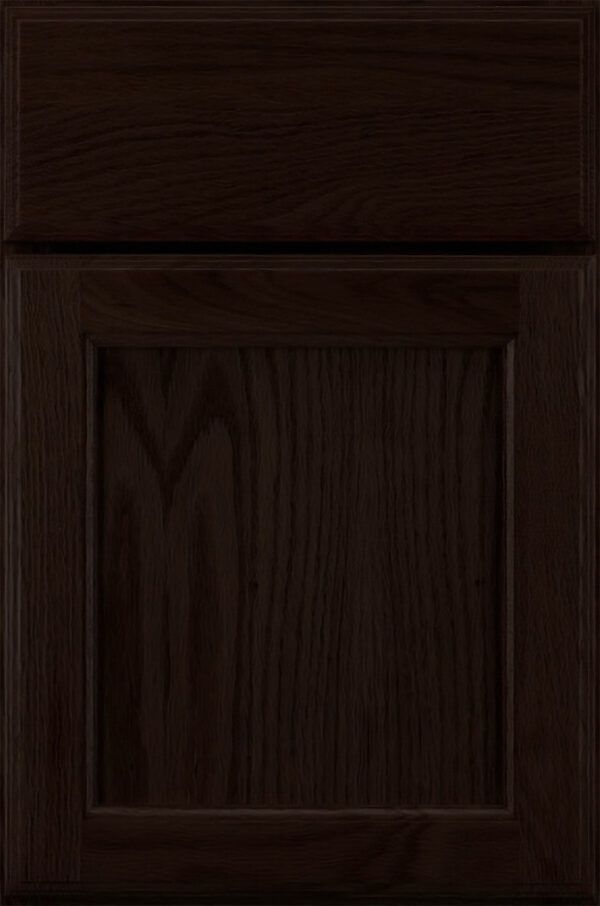 Dark brown kitchen cabinet door with wood grain detail.