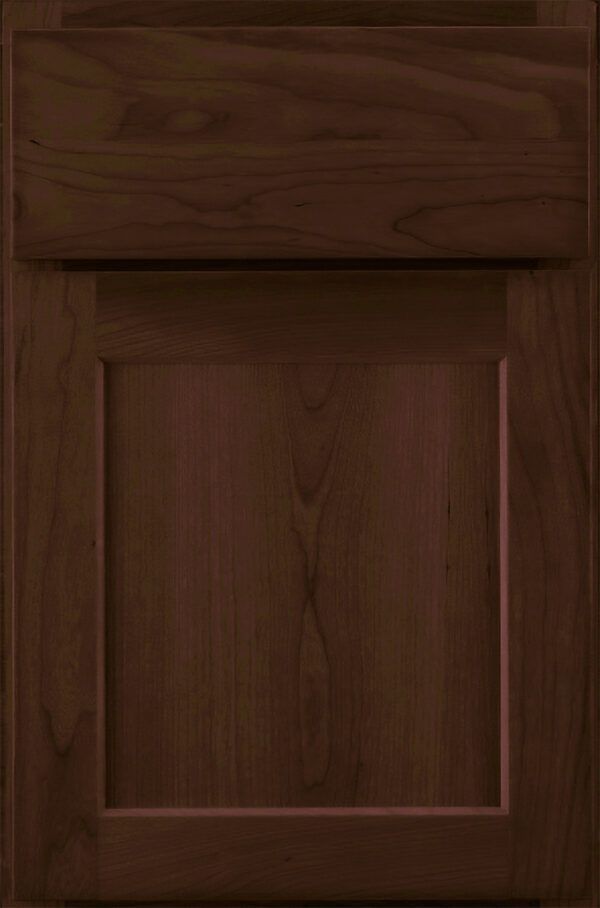 Dark brown wooden cabinet door with a raised panel and inset top section.