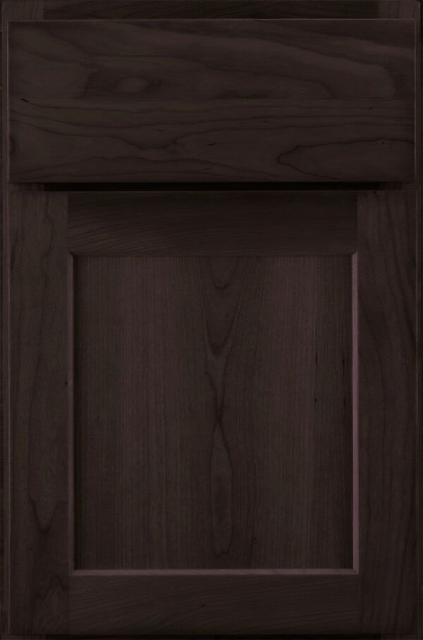 Dark brown cabinet door with a raised panel and a flat top panel.
