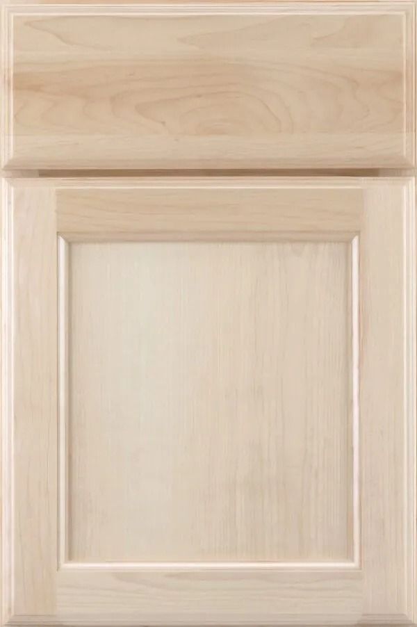 Light wood-toned kitchen cabinet door with a raised panel and recessed border.