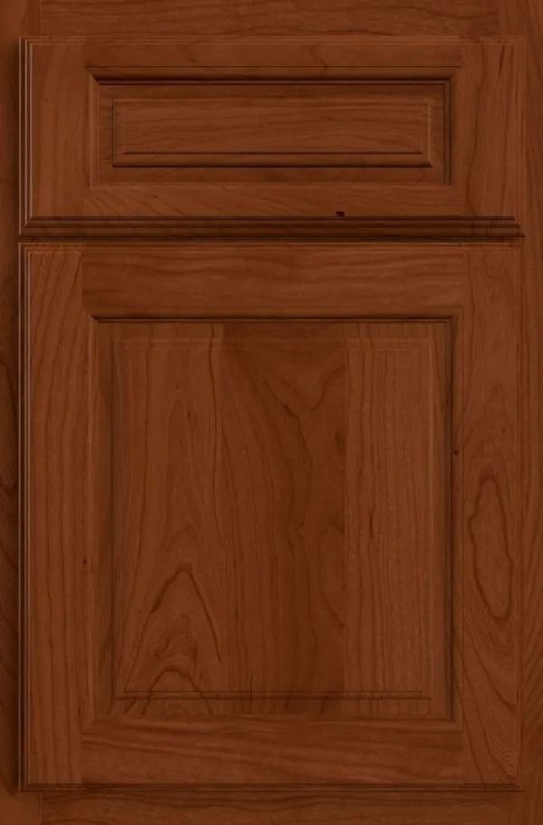 Wooden cabinet door with raised panel in a rich brown finish.
