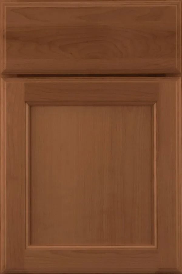 Brown wooden cabinet door with a raised panel and square frame.