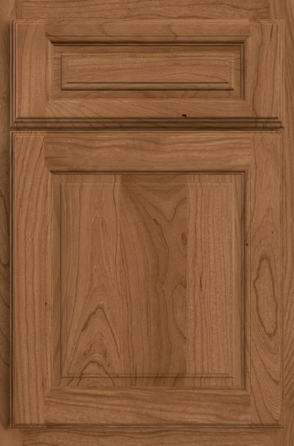 Wood cabinet door with raised panel and rectangular top detail.