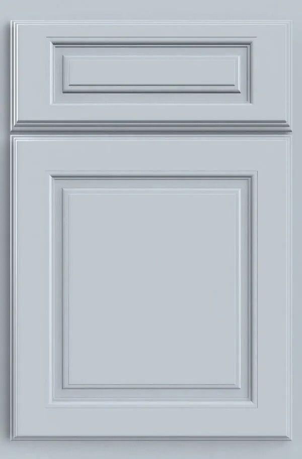 Light blue kitchen cabinet door with raised panel design.